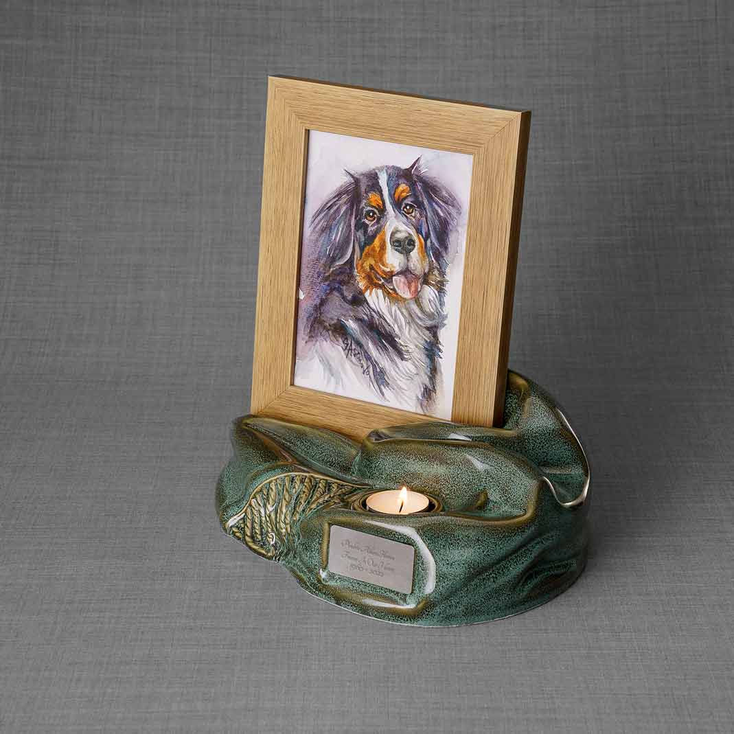 Picture Frame Pet Urns For Ashes In Oily Green Ceramic Facing Left With Photo Of Dog