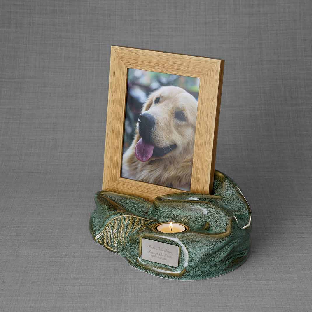 Picture Frame Pet Urns For Ashes In Oily Green Ceramic Facing Left With Photo Of Labrador