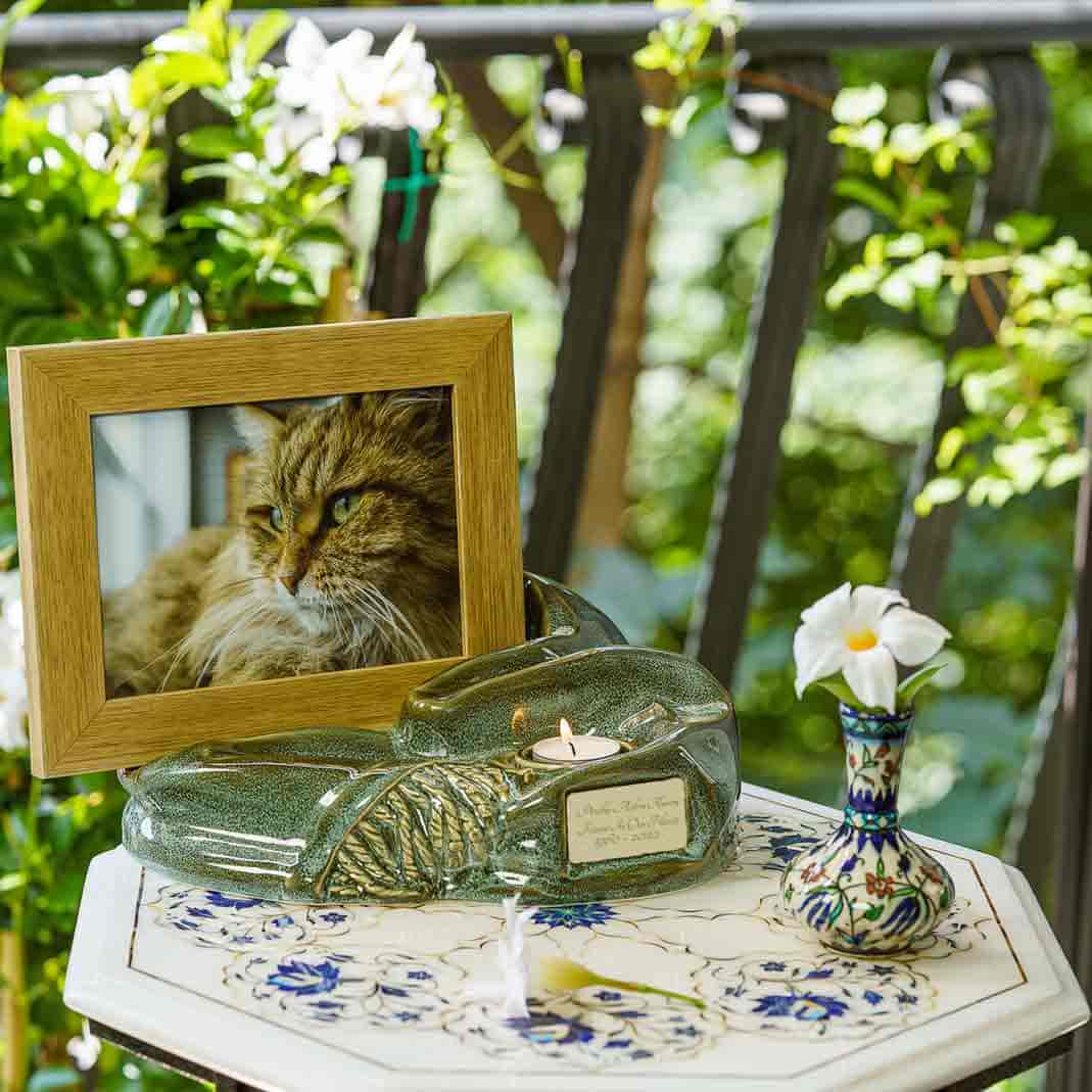 Picture Frame Pet Urns For Ashes In Oily Green Ceramic Facing Right Close Up With Photo Of Cat On Table Outside