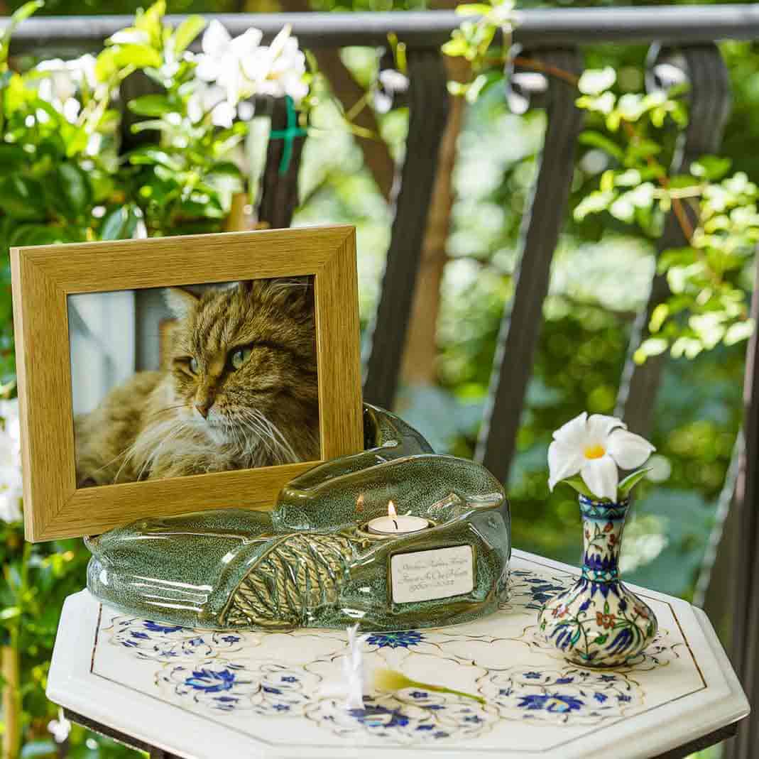 Picture Frame Pet Urns For Ashes In Oily Green Ceramic Facing Right Close Up With Photo Of Cat On Table