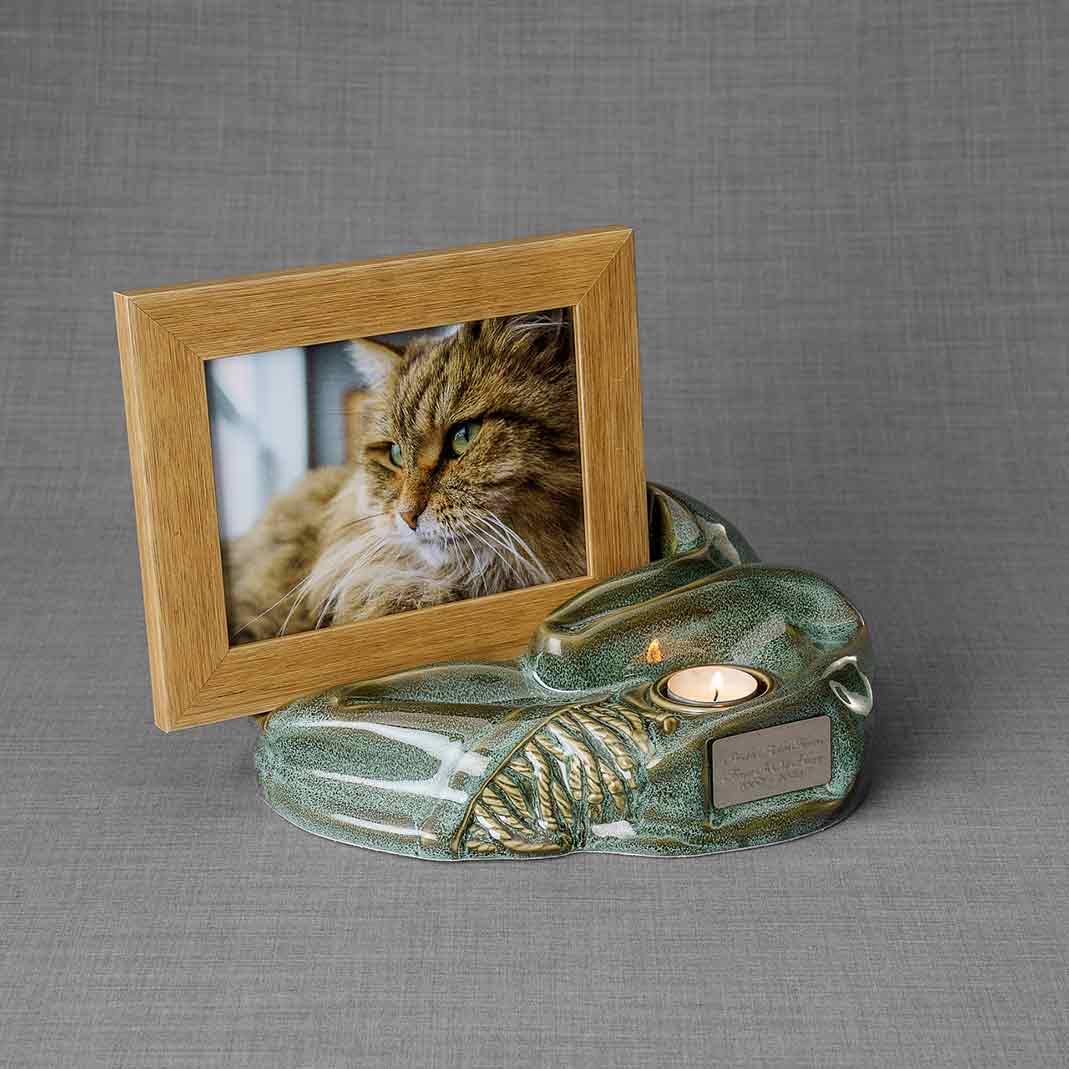 Picture Frame Pet Urns For Ashes In Oily Green Ceramic Facing Right With Photo Of Cat