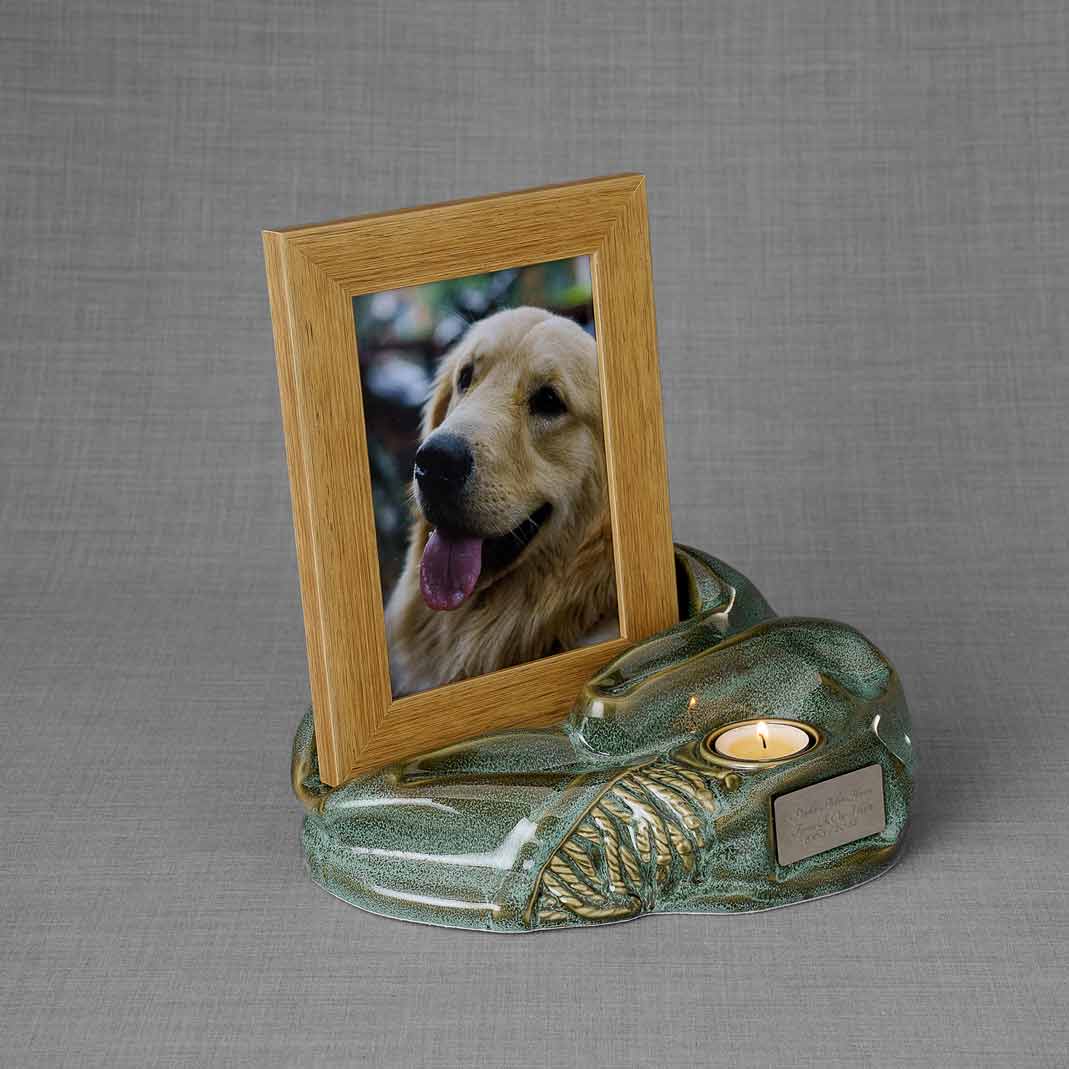 Picture Frame Pet Urns For Ashes In Oily Green Ceramic Facing Right With Photo Of Labrador