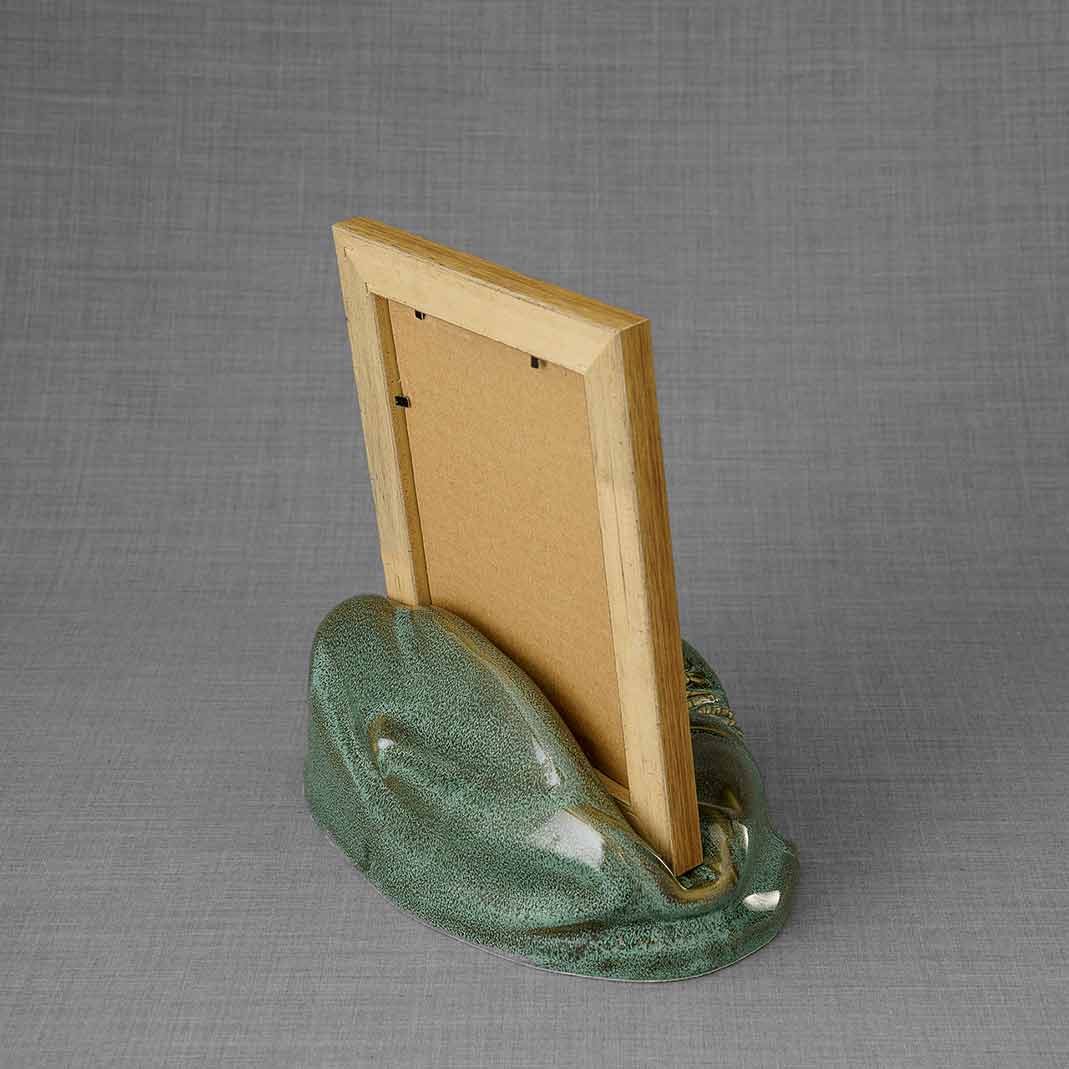 Picture Frame Pet Urns For Ashes In Oily Green Ceramic From Behind With Photo Frame