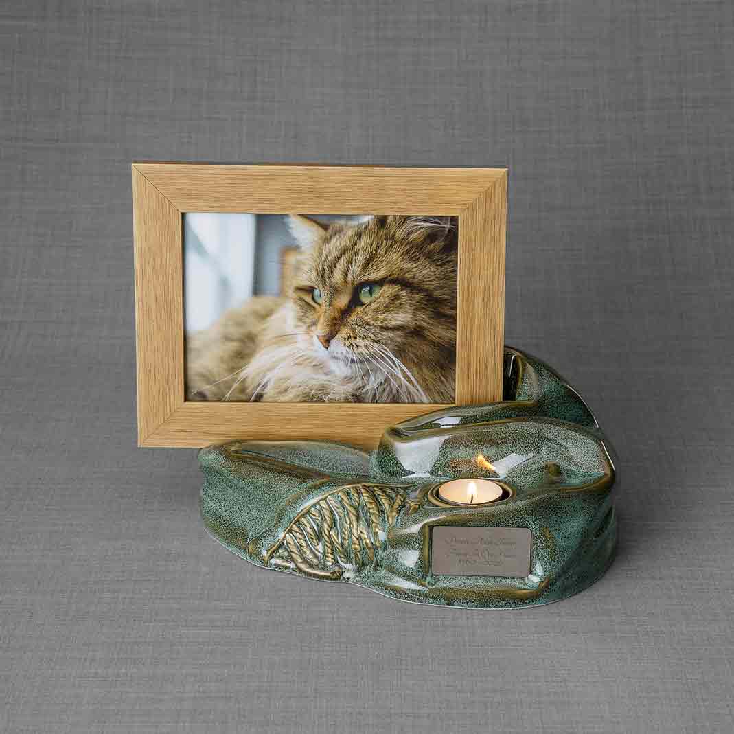 Picture Frame Pet Urns for Ashes in Oily Green Ceramic with Photo of Cat