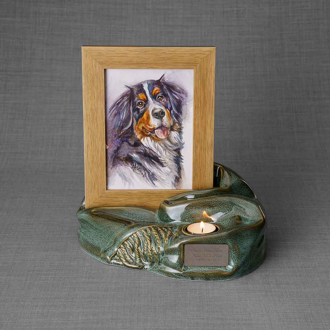 Picture Frame Pet Urns for Ashes in Oily Green Ceramic with Photo of Dog