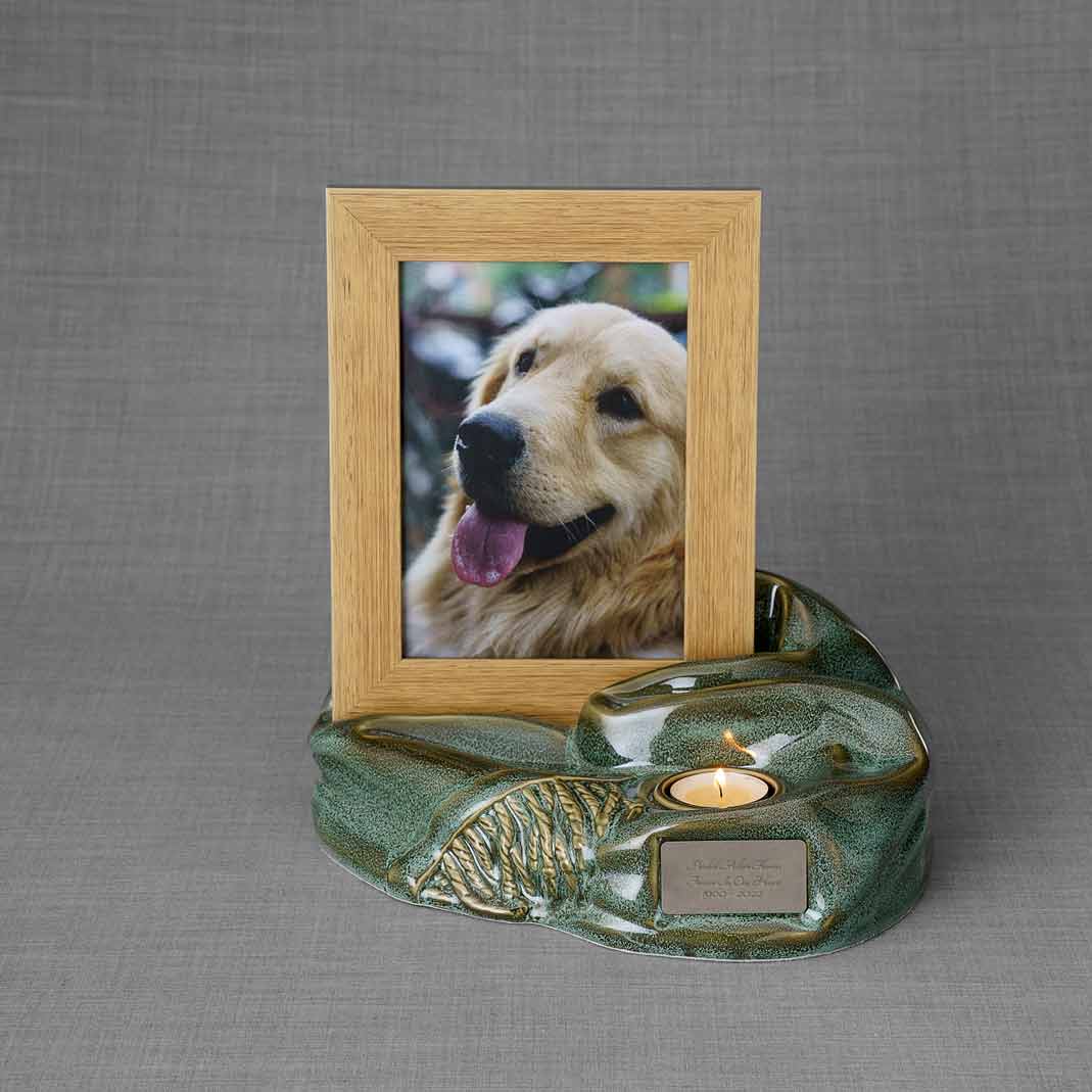 Picture Frame Pet Urns For Ashes In Oily Green Ceramic With Photo Of Labrador