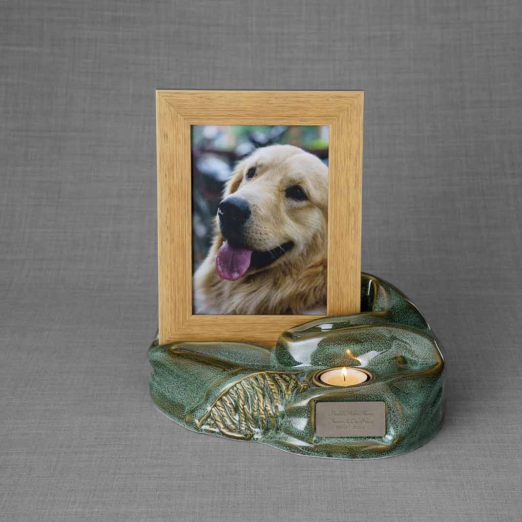 Picture Frame Pet Urns for Ashes in Oily Green Ceramic with Photo of Labrador