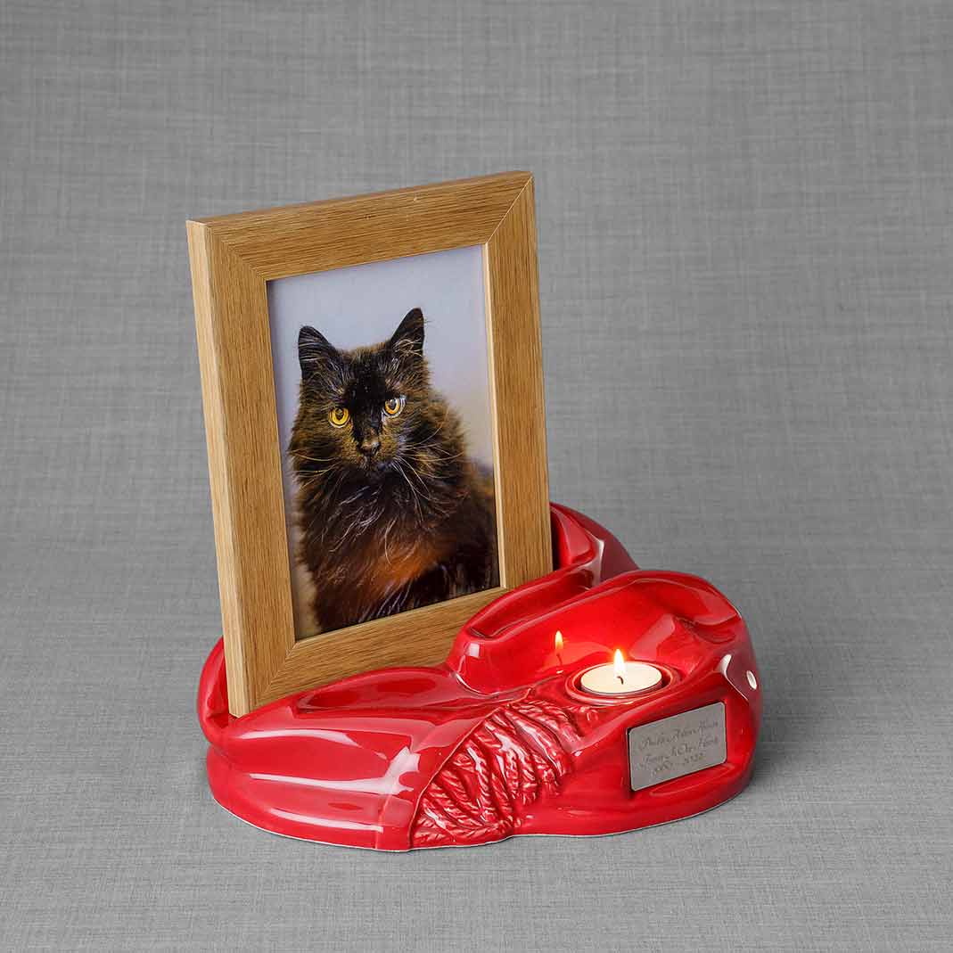 Picture Frame Pet Urns For Ashes In Red Ceramic Facing Right With Photo Of Cat