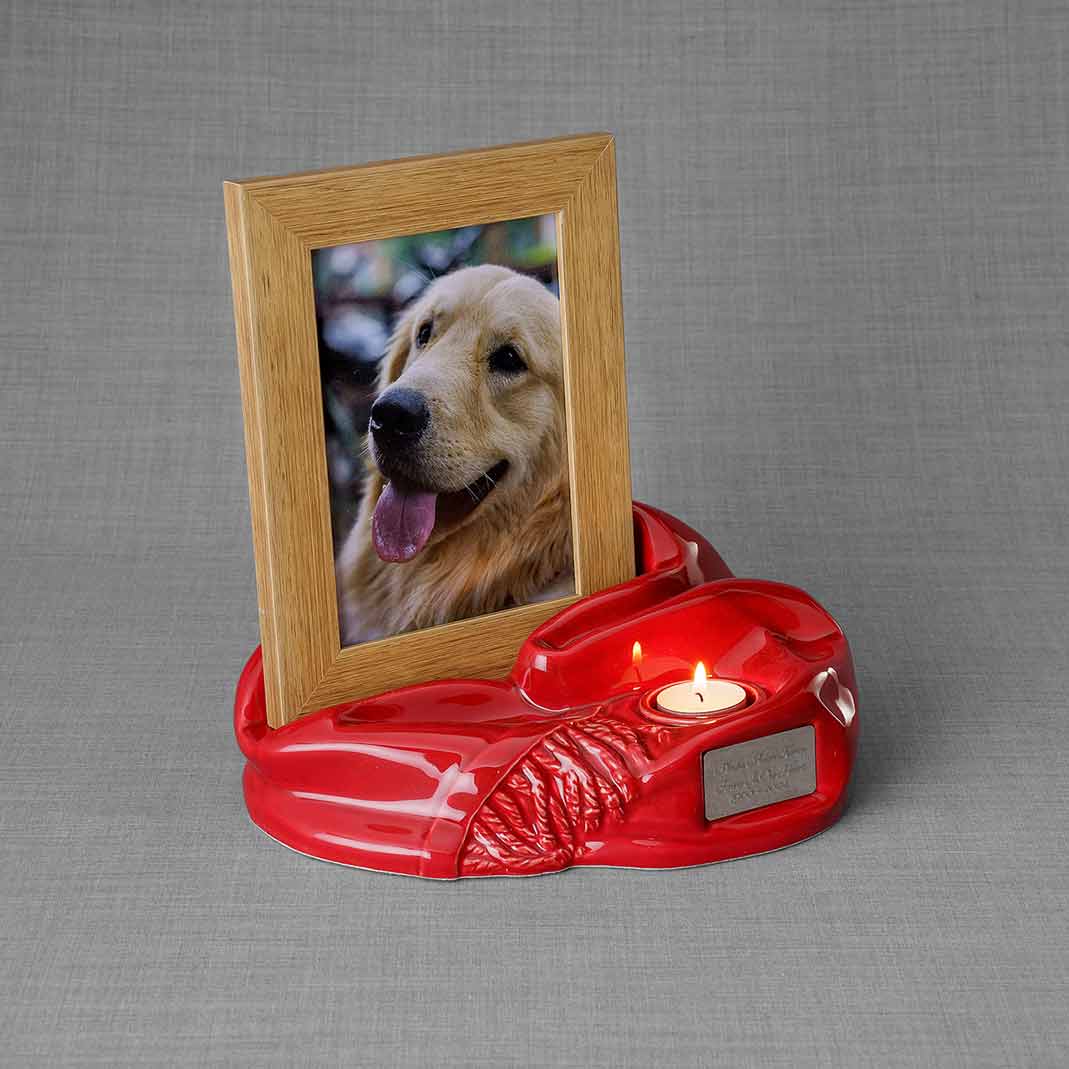 Picture Frame Pet Urns for Ashes in Red Ceramic Facing Right with Photo of Dog