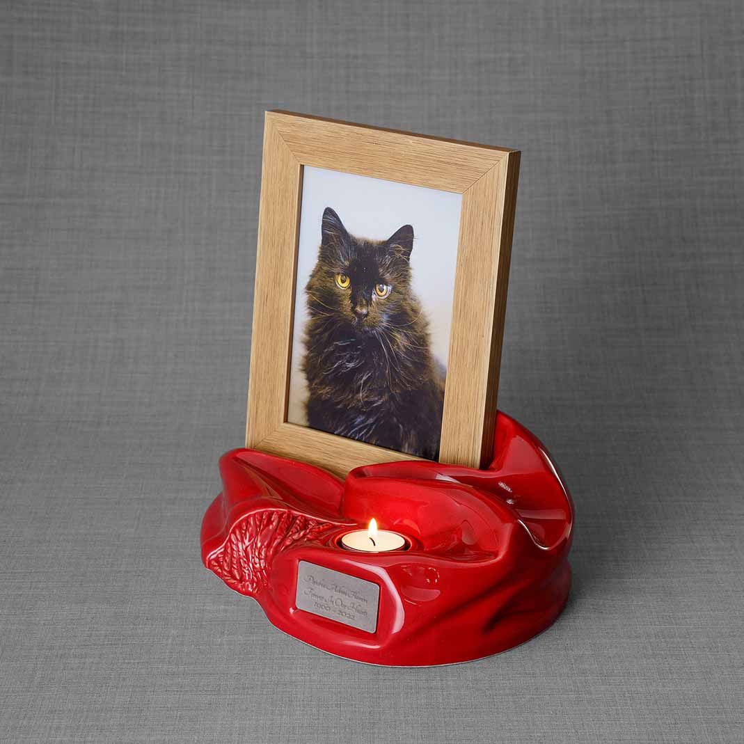 Picture Frame Pet Urns for Ashes in Red Ceramic with Photo of Cat Facing Left