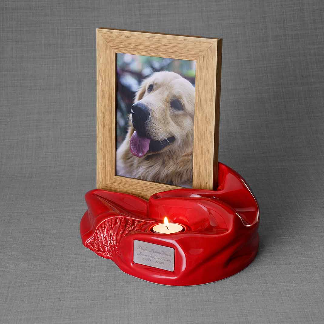 Picture Frame Pet Urns for Ashes in Red Ceramic with Photo of Dog Facing Left