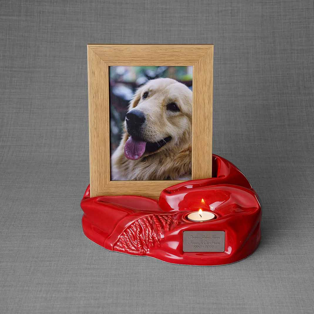 Picture Frame Pet Urns for Ashes in Red Ceramic with Photo of Dog