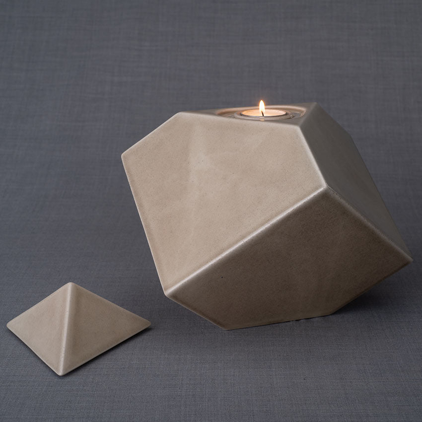 Pinnacle Cremation Urn for Ashes in Beige Grey Left View with Lid Off