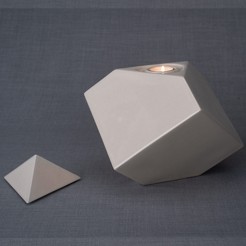 Pinnacle Cremation Urn for Ashes in Cream Left View with Lid Off