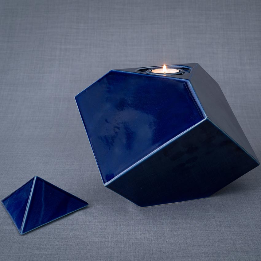 Pinnacle Cremation Urn for Ashes in Metallic Blue Left View with Lid Off