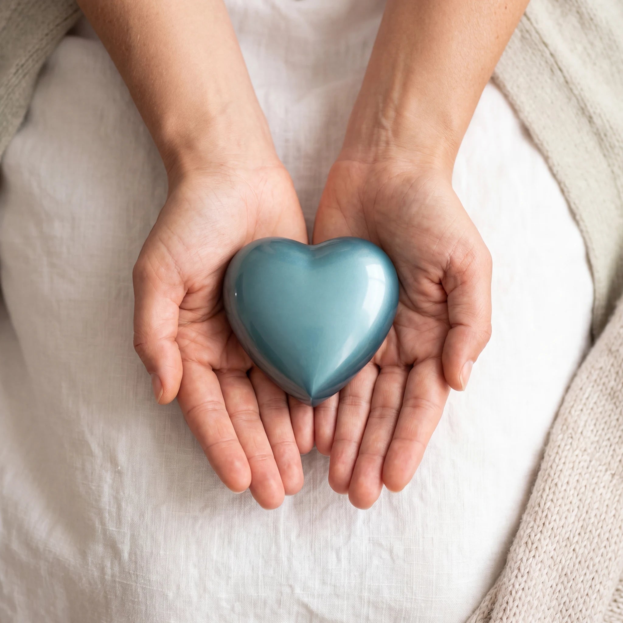 Satori-Metal-Heart-Keepsake-Urn-for-Ashes-in-Blue-Cupped-in-Hands