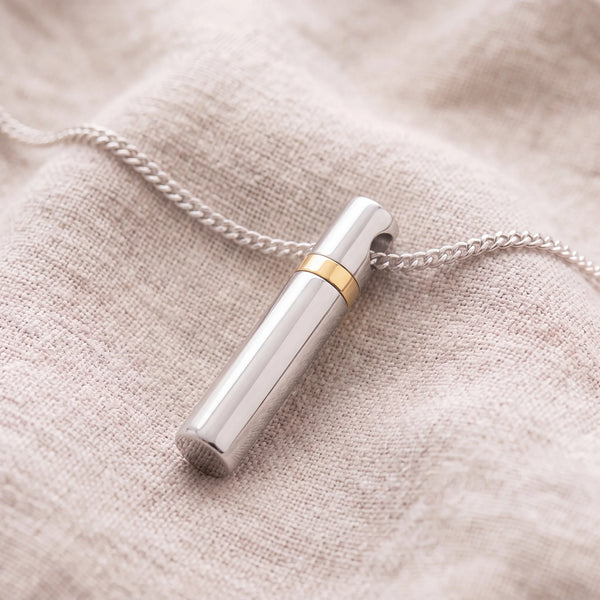 Self-fill-Traditional-Cylinder-Memorial-Ashes-Pendant-On-Linen