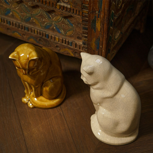 Sitting Cat Cremation Urn For Ashes Dark Sand And Crackle Glaze Above Angle