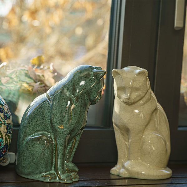 Sitting Cat Cremation Urn For Ashes Oily Green And Crackle Glaze By Window Together