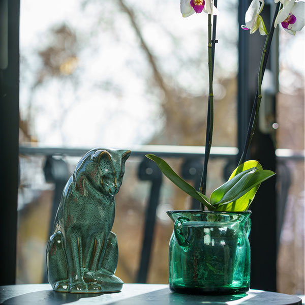 Sitting Cat Cremation Urn For Ashes Oily Green Near Vase