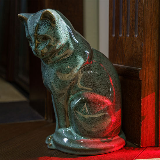 Sitting Cat Urn for Ashes in Oily Green