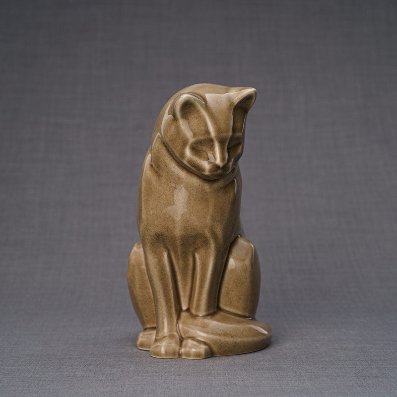 Sitting Cat Cremation Urn For Pets Ashes Beige Grey Front View