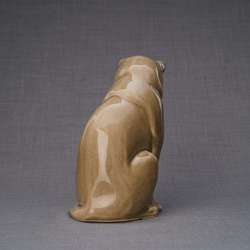 Sitting Cat Cremation Urn For Pets Ashes Beige Grey Rear View