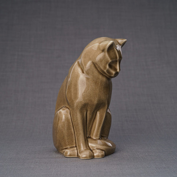Sitting Cat Cremation Urn For Pets Ashes Beige Grey Side View