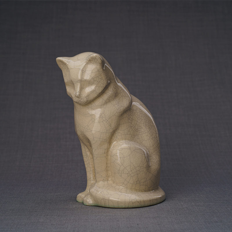 Sitting Cat Cremation Urn For Pets Ashes Crackle Glaze Front View