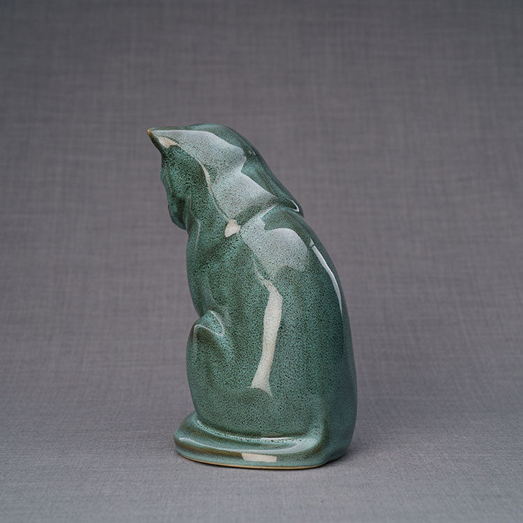 Sitting Cat Cremation Urn For Pets Ashes Oily Green Angled View