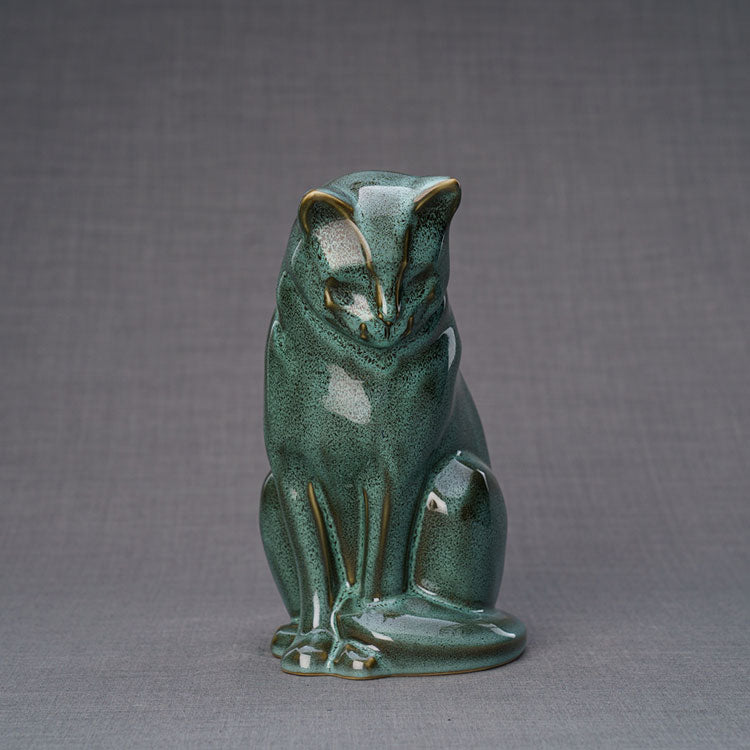 Sitting Cat Cremation Urn For Pets Ashes Oily Green Front View