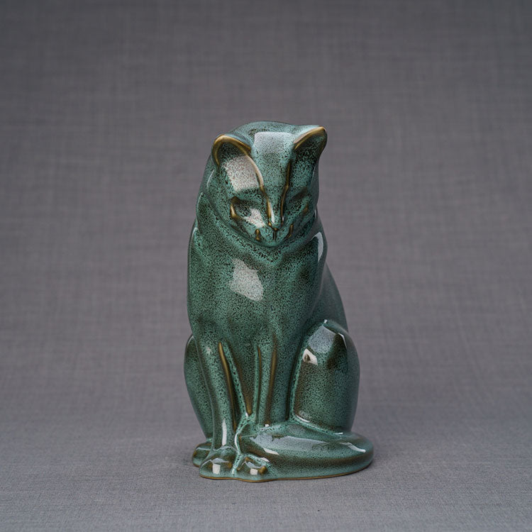 Sitting Cat Cremation Urn For Pets Ashes Oily Green Front View