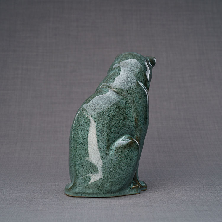 Sitting Cat Cremation Urn For Pets Ashes Oily Green Rear View