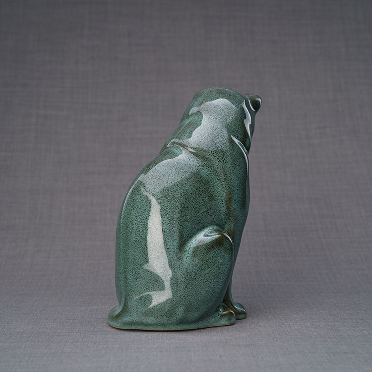 Sitting Cat Urn for Ashes in Oily Green