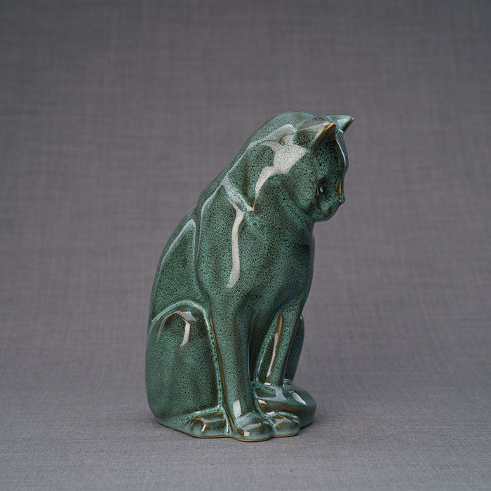 Sitting Cat Cremation Urn For Pets Ashes Oily Green Side View