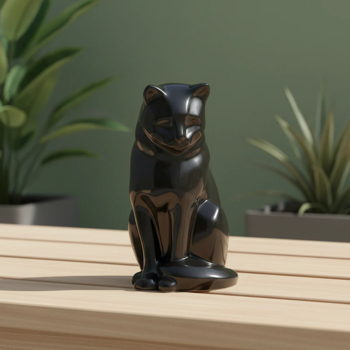 Sitting Cat Urn for Ashes in Glossy Black