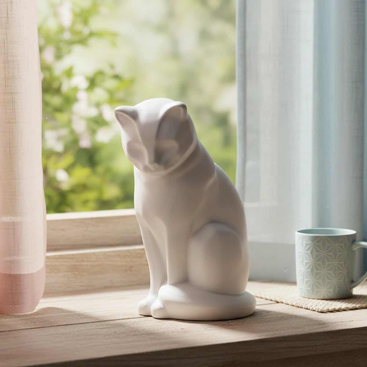 Sitting Cat Urn for Ashes in Matte White on Table by Bright Window_c  d  bacfbb