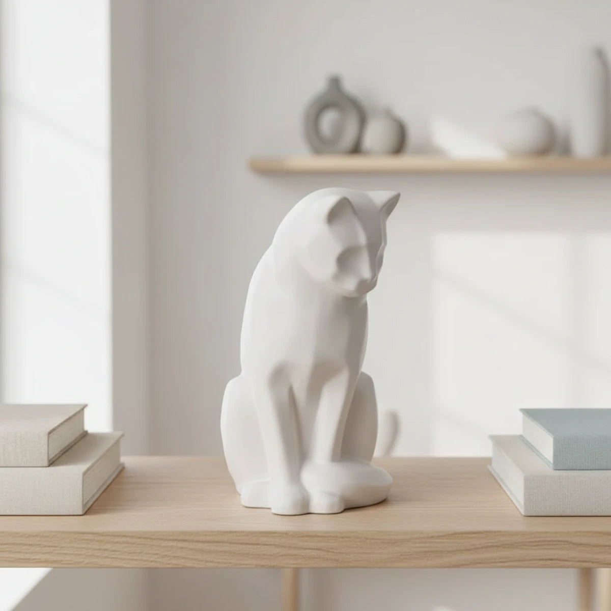Sitting Cat Urn for Ashes in Matte White on Table