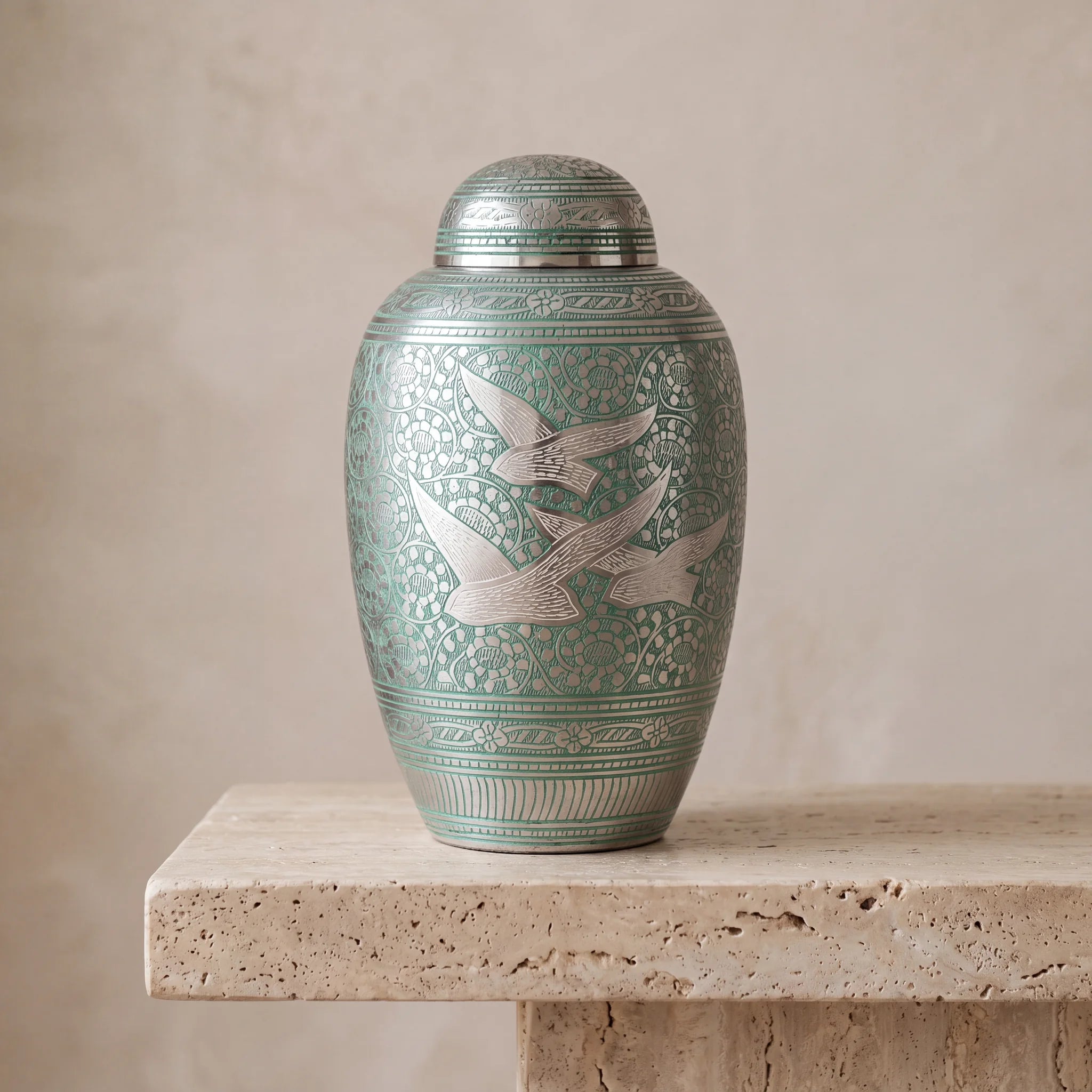 Soaring Doves Metal Adult Cremation Urn for Ashes in Green and Silver