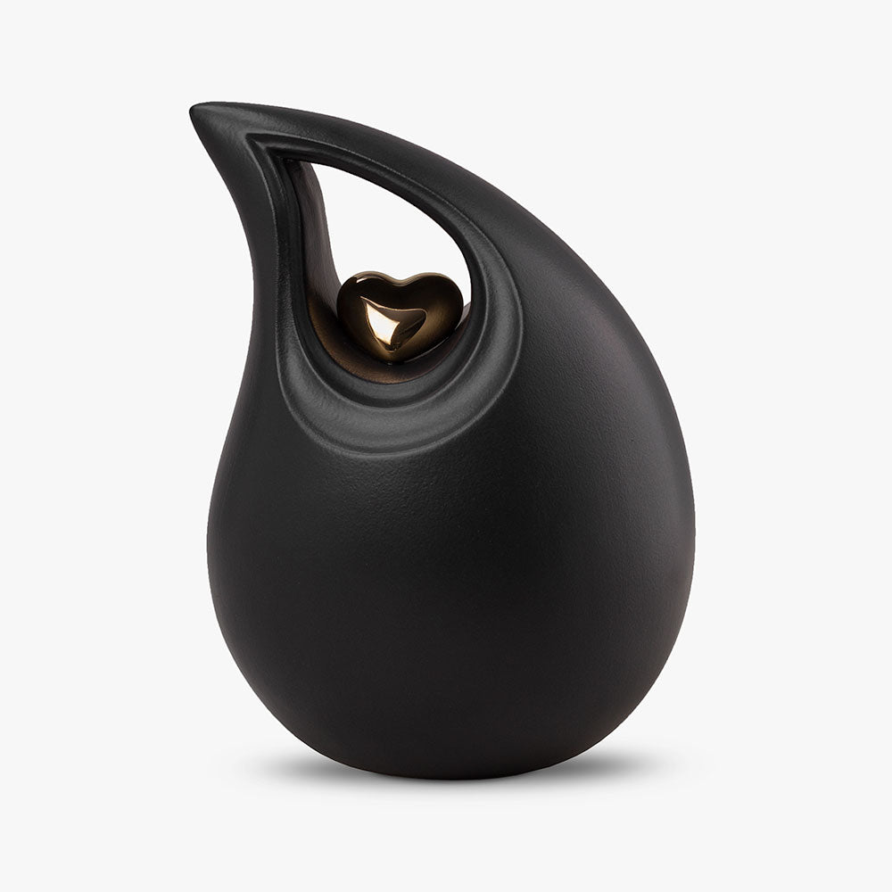 Teardrop Heart Cremation Urn for Ashes in Black and Gold