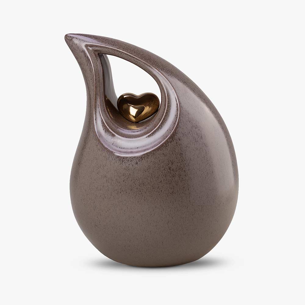 Teardrop Heart Cremation Urn for Ashes in Brown and Gold