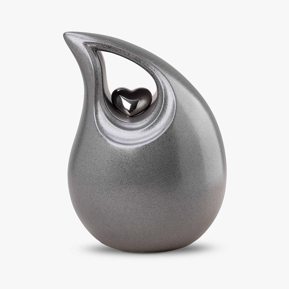 Teardrop Heart Cremation Urn for Ashes in Grey and Silver