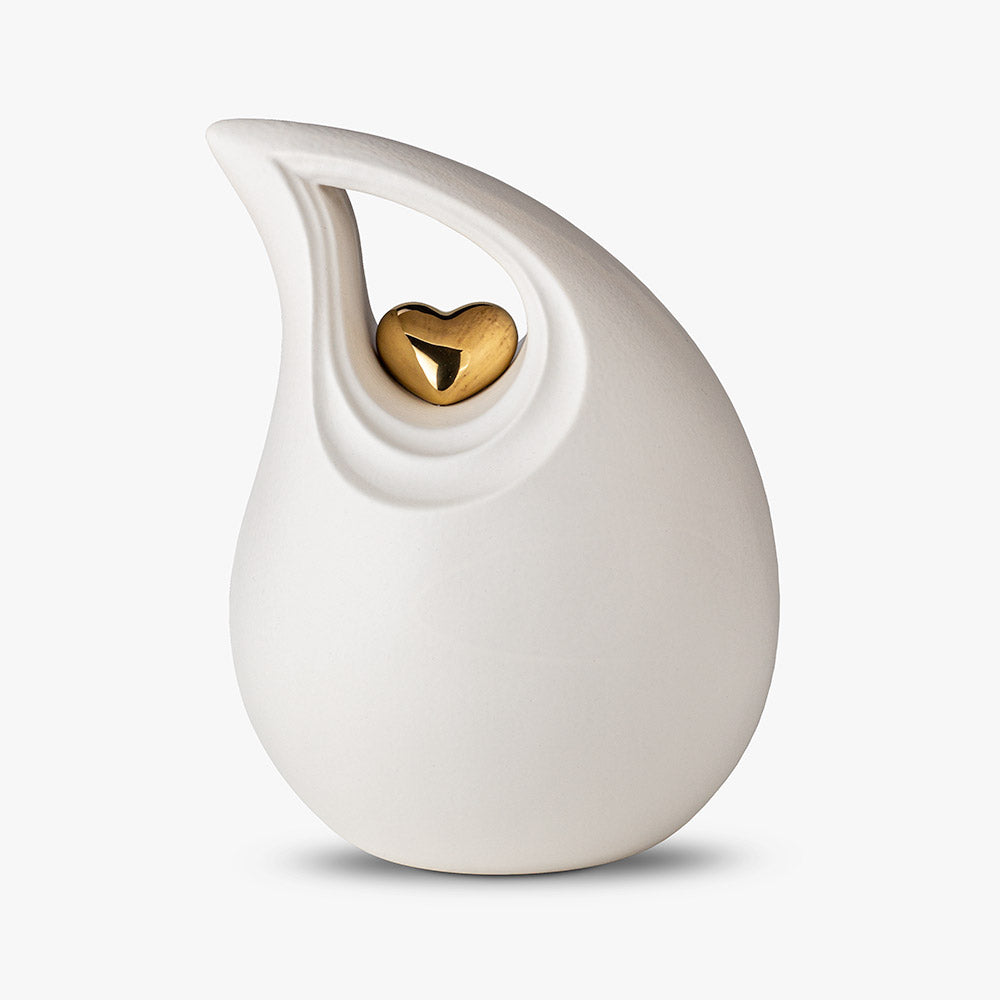 Teardrop Heart Cremation Urn for Ashes in White and Gold
