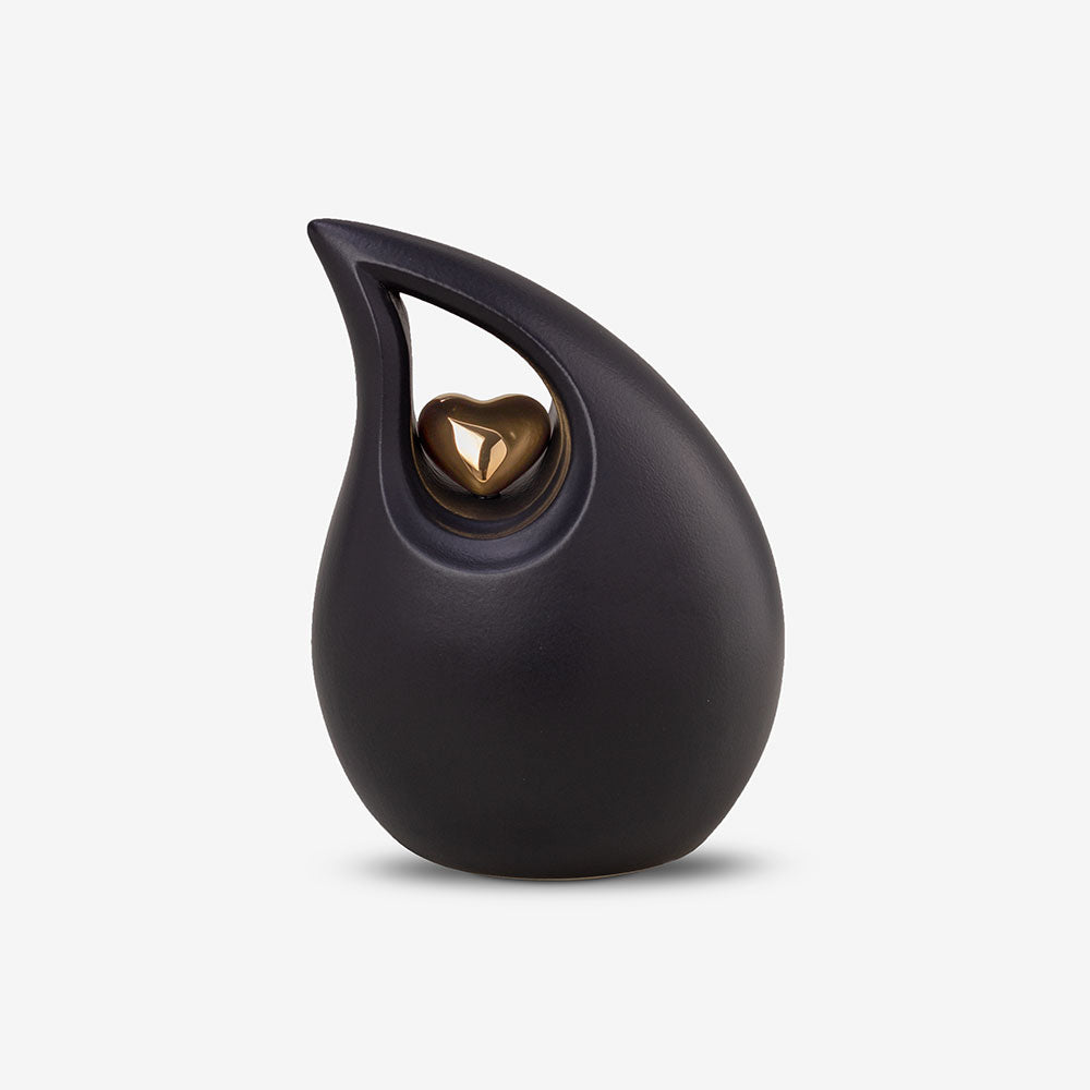 Teardrop Heart Medium Urn for Ashes in Black and Gold