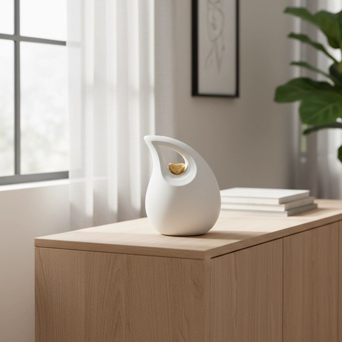 Teardrop Heart Medium Urn for Ashes in White and Gold