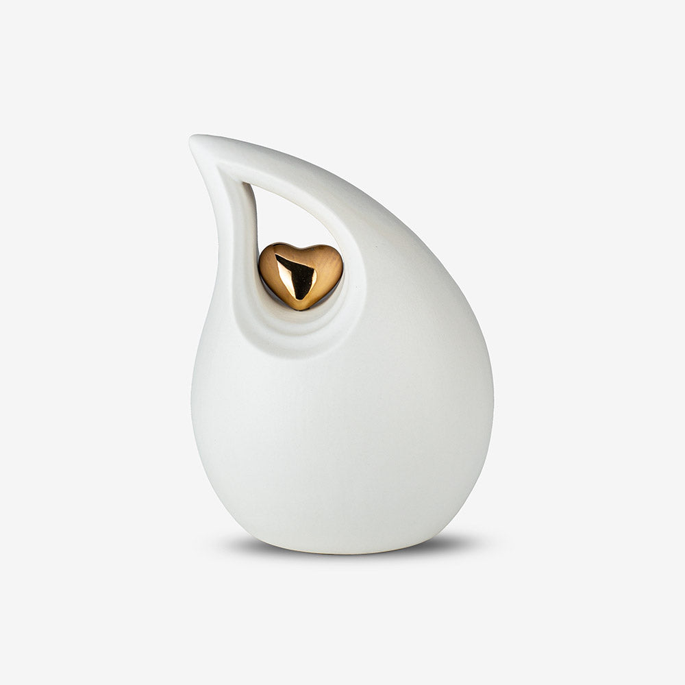 Teardrop Heart Medium Urn for Ashes in White and Gold