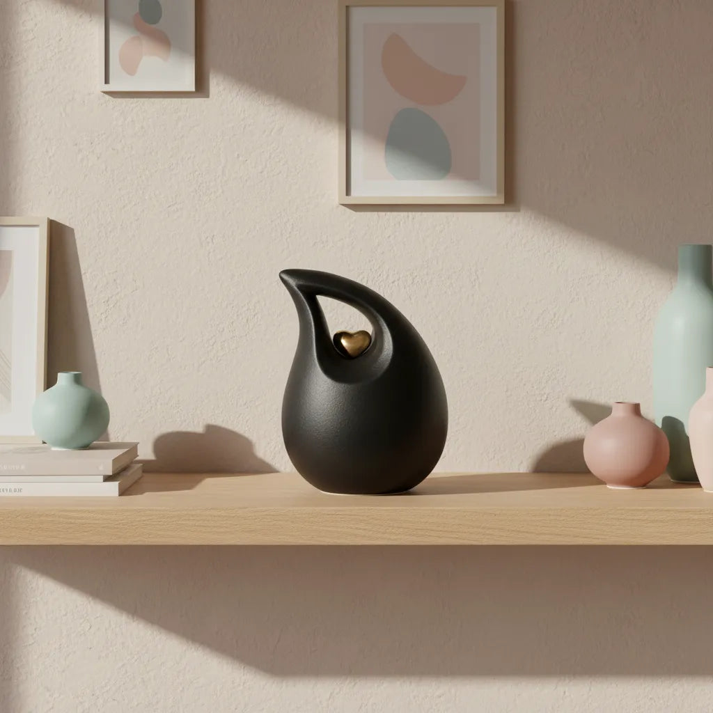 Teardrop Heart small urn for ashes in black and gold on a shelf