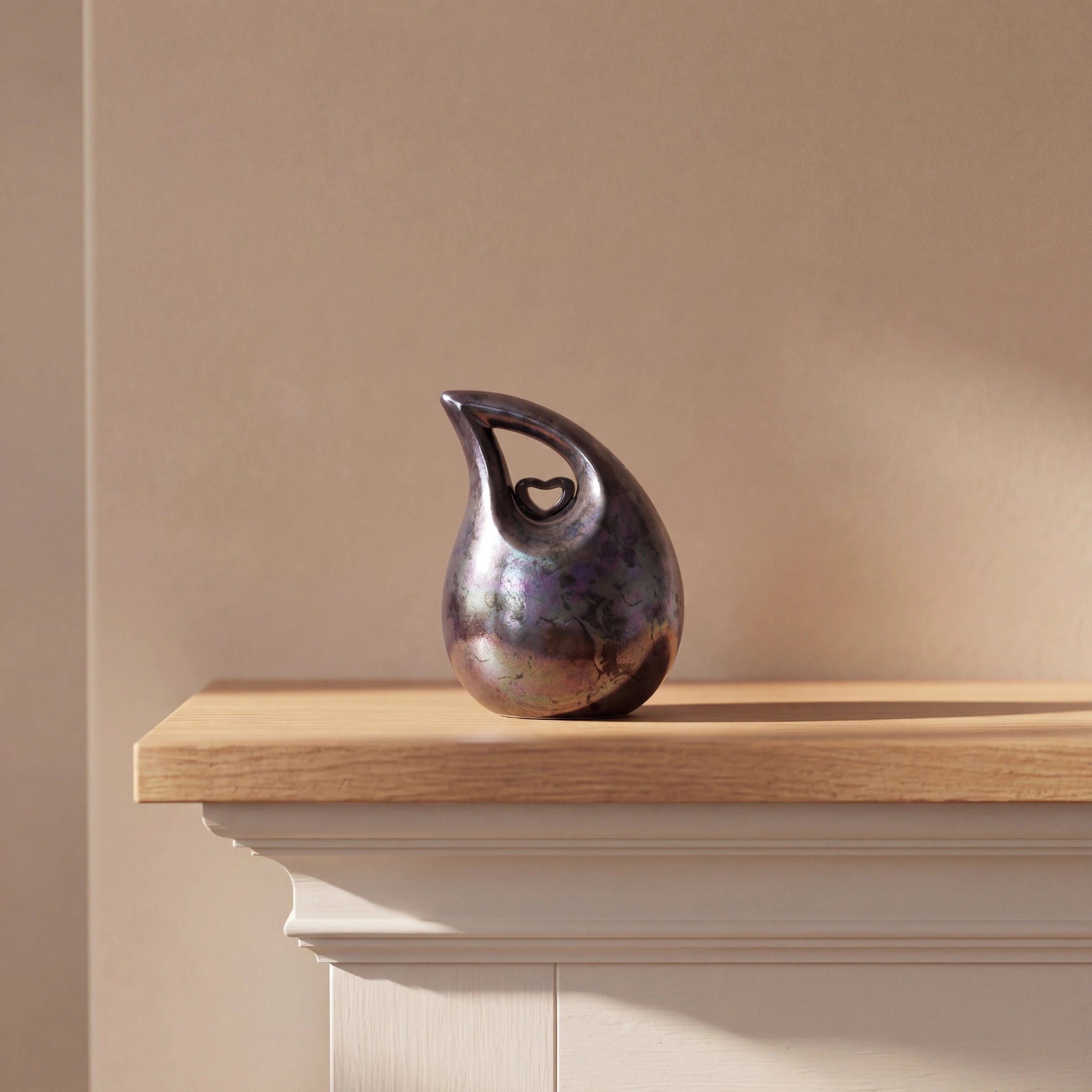 Teardrop-Heart-Small-Urn-for-Ashes-in-Blue-and-Silver-Mantelpiece