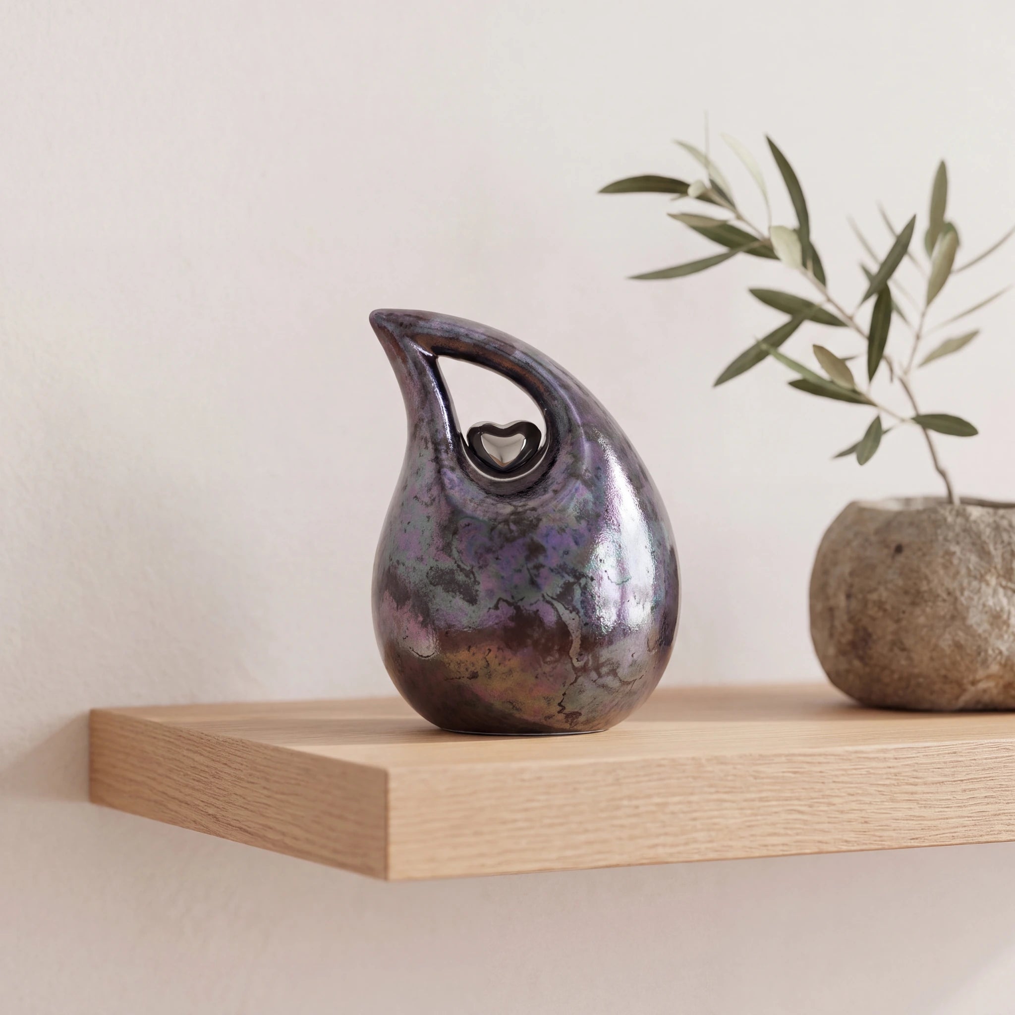 Teardrop-Heart-Small-Urn-for-Ashes-in-Blue-and-Silver-Oak-Shelf