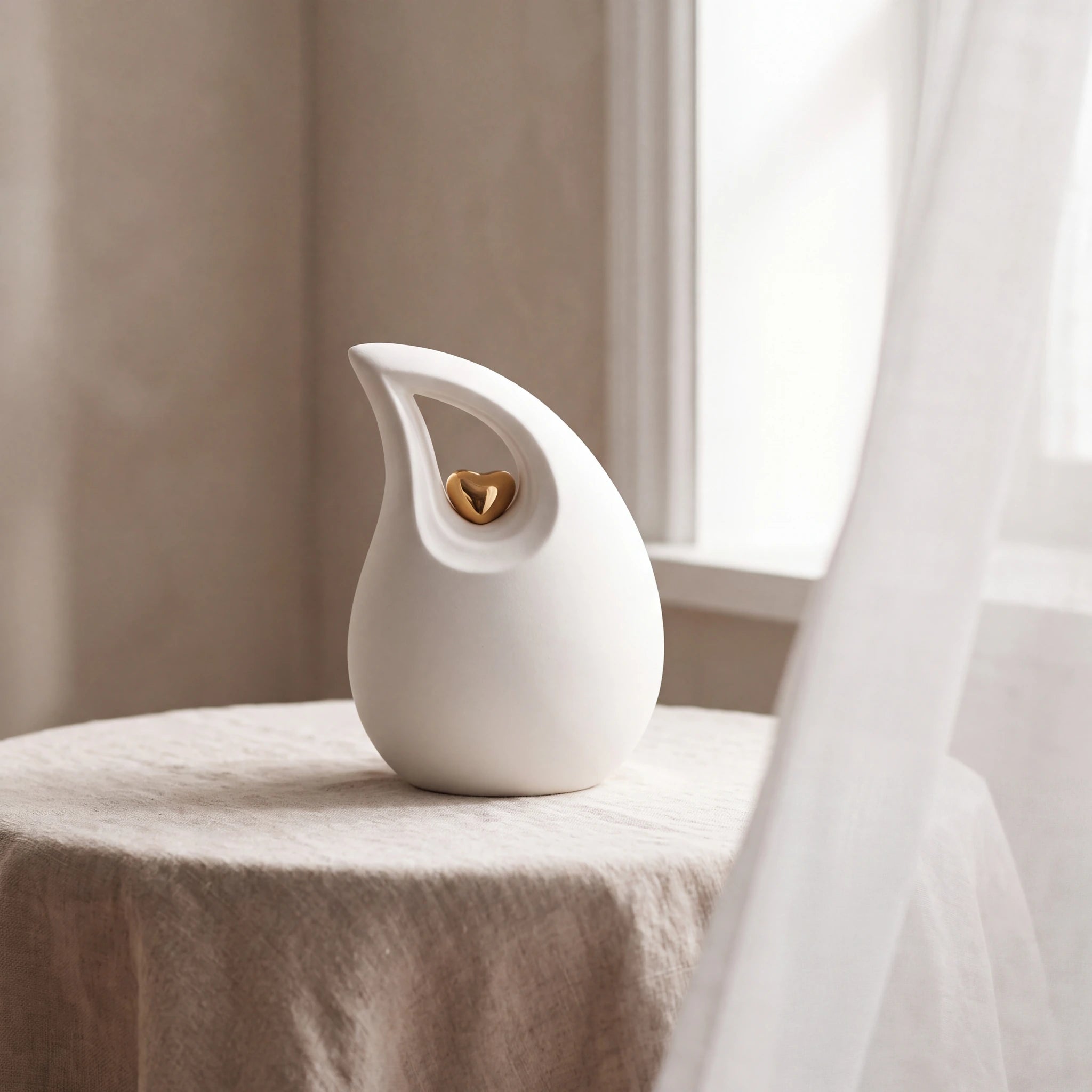 Teardrop-Heart-Small-Urn-for-Ashes-in-White-and-Gold-Linen-Table